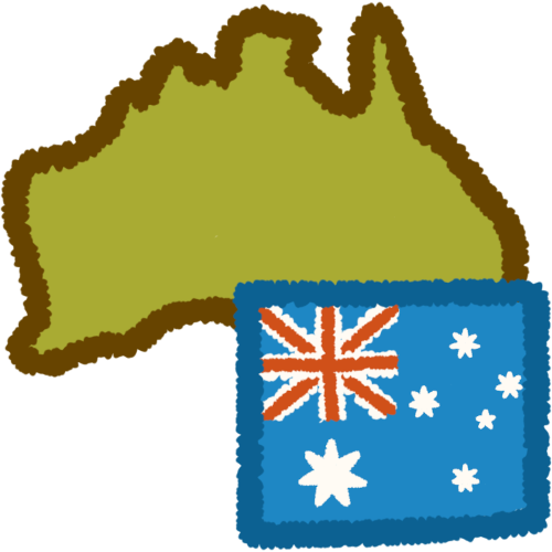 a green shape of the country of australia, with the australian flag. the commonwealth star on the flag is depicted as larger
